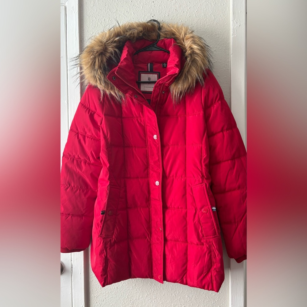 Tommy Hilfiger Red Puffer Jacket with Faux Fur Hood